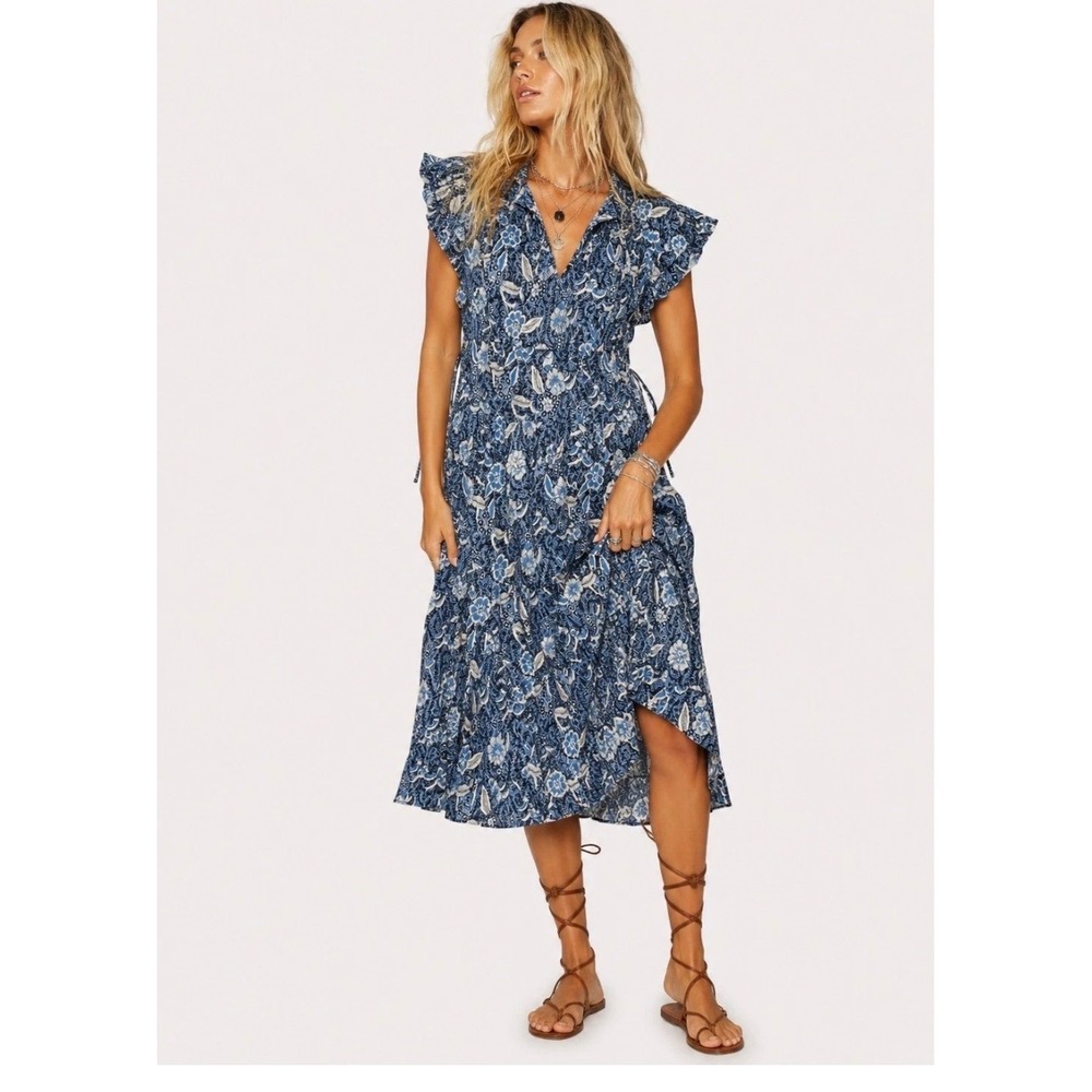 Ulla Johnson Blue Floral Batik Ruffle Midi Dress Cotton Rayon Size 2 NEW